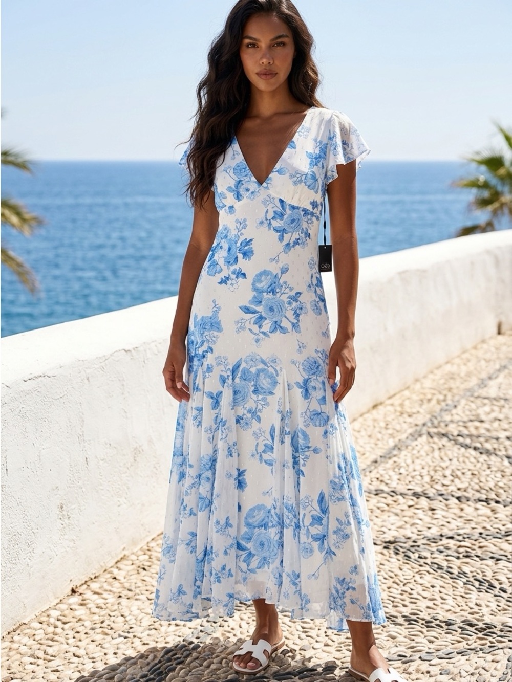 CeCe White and Blue Floral Maxi Dress with Tie-Back V-Neck - Picture 8 of 8
